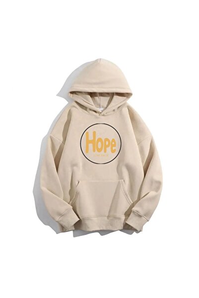 FECCY Hanorac cu glugă oversize unisex bej - Imprimat Digital Hope, din bumbac