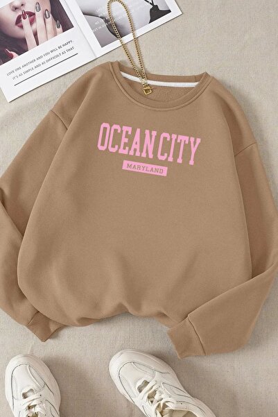 FECCY Hanorac oversize din bumbac imprimat Ocean City, de culoare bej, unisex...