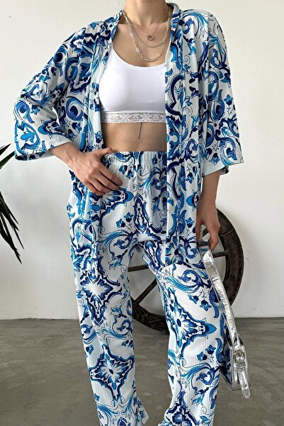 bacc Light Blue Patterned Women's Trousers and Kimono Set - Crinkle Fabric Bcdf-241201
