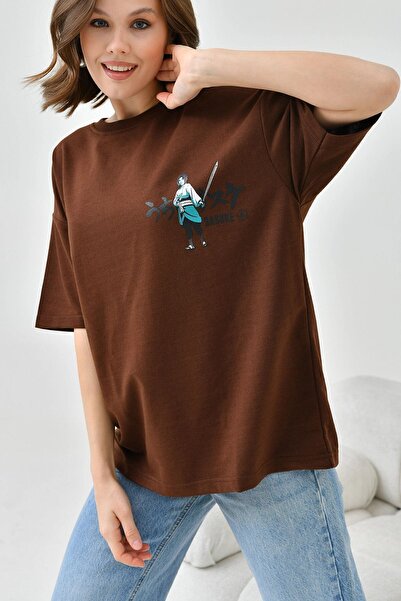 bacc Καφέ μπλουζάκι Oversize - Crew Neck, Πίσω στάμπα, Δύο Κλωστές - Γυναικεία - Bc 241126