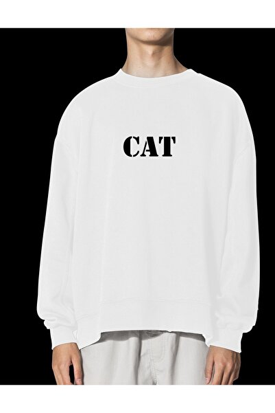 FECCY Hanorac unisex alb, supradimensionat, fără glugă, cu imprimeu CAT