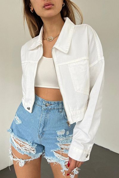 bacc Jachetă de denim crop, albă, cu buzunar dublu, cu fermoar, lavabilă, Bcdf- 235410