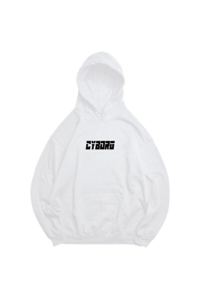 FECCY Hanorac oversize unisex alb cu imprimeu CYBORG