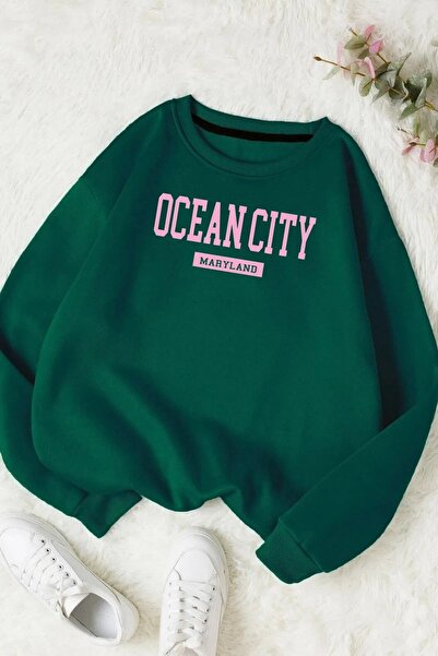 FECCY Hanorac unisex supradimensionat din bumbac cu imprimeu digital verde Oc...