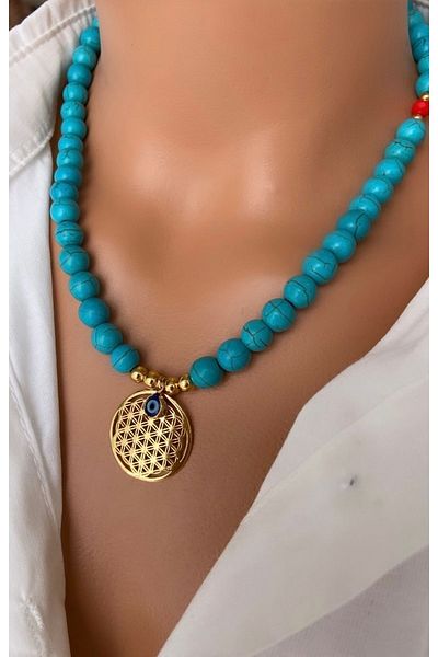 Trend Jewellery قلادة نسائية مطلية بالذهب على شكل زهرة الحياة باللون الأزرق الفيروزي الطبيعي
