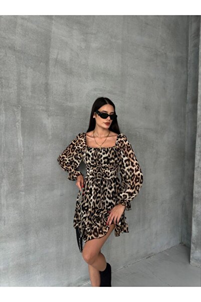 ERL FASHION Kadın Leopar Desenli Madonna yaka Bel Büzgülü Şifon Elbise