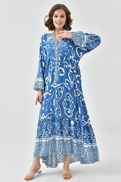 bacc Világoskék bíró gallér mintás Viscon Hidzsáb ruha - félig gombos, hosszú Bc241150