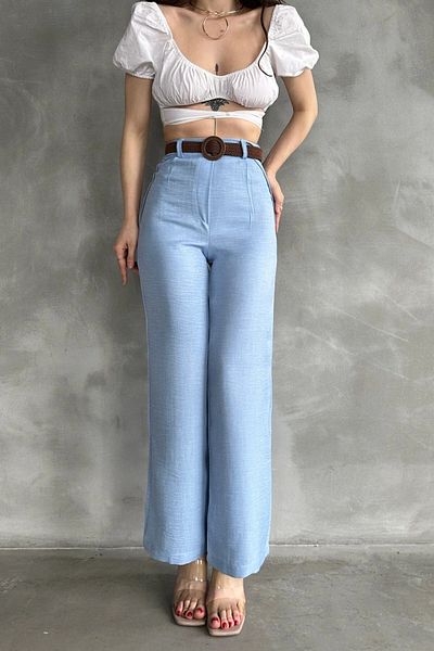 bacc Pantaloni de in pentru femei Baby Blue cu centură Bcdf- 241103