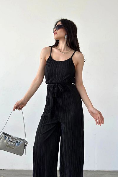bacc Black Belted Crinkle Women's Jumpsuit - Rope Strap Bcdf-241077