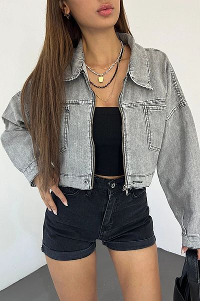 bacc Women's Gray Double Pocket Zippered Washed Crop Denim Jacket Bcdf- 235410