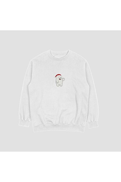 FECCY Unisex Λευκό Χριστουγεννιάτικο φούτερ με στάμπα γλυκού αρκουδάκι, χωρίς...