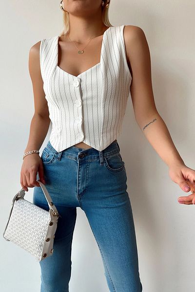 bacc Women's White V-Neck Buttoned Striped Crop Vest Bctl- 233395
