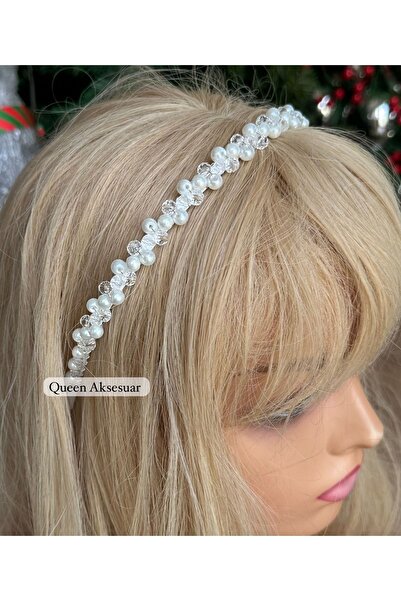 QUEEN AKSESUAR تريند 3 صفوف - تاج نسائي معدني فاخر مرصع باللؤلؤ والأحجار، أبي...