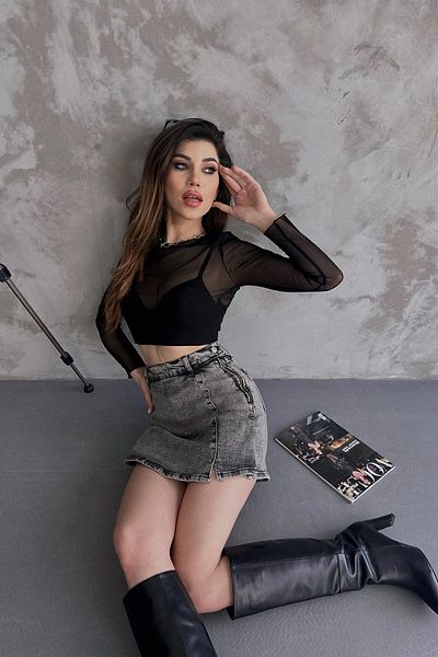 bacc Women's Anthracite Slit Detailed Denim Shorts Skirt Bcdf- 243309