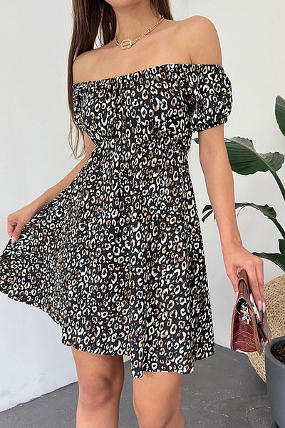 bacc Leopard Patterned Madonna Collar Crinkle Dress - Floral Bcdf-234603