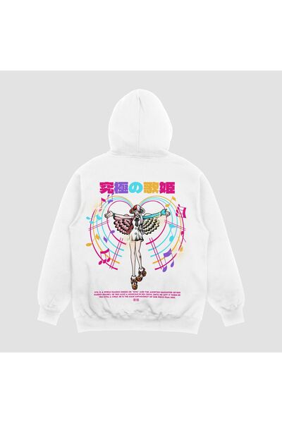 FECCY Hanorac unisex alb cu imprimeu Uta, supradimensionat, cu glugă