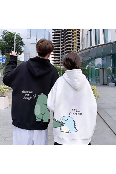 FECCY Oversize Siyah Beyaz Dinazor Baskılı Kapüşonlu Çift Kombini Oversize Sweatshirt Unisex