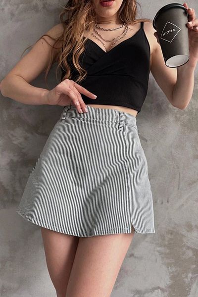 bacc Fusta de damă gri cu detaliu din denim cu fante Bcdf- 243309