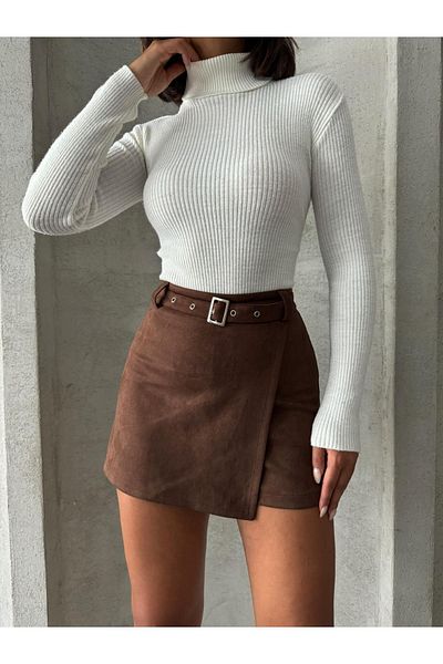 KüButik Кафява велурена къса пола - дамска, колан и детайл с цип