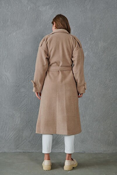 vuvutasarım Long Sleeve Belted Double Breasted Midi Mink Coat - Lined, 9002