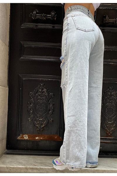 DRC trend Ice Blue Lycra - Pantaloni largi de jeans cu talie super înaltă, cu picioare late
