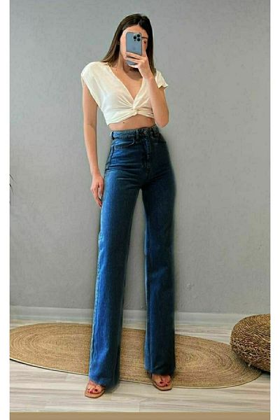 DRC trend Anii 90 Albastru închis - Lycra, Blugi Palazzo largi cu talie super înaltă
