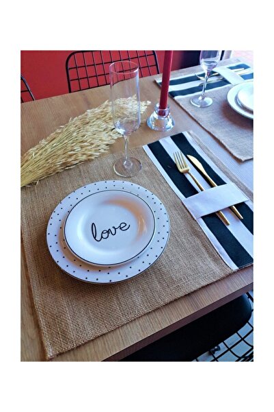 Else Home Collection Hasır Amerikan Servis Siyah Beyaz Çizgili Kumaş Detaylı ...