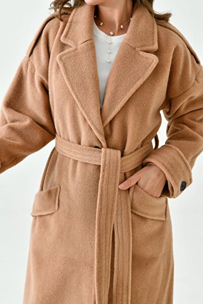 bayansepeti Παλτό Camel Midi με διπλό στήθος - Λεπτομέρεια ζώνης, μακρυμάνικο, φόδρα 9002