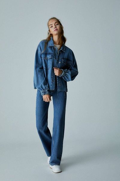 DRC trend Albastru mijlociu - Blugi largi din Lycra cu talie super înaltă Pantaloni Palazzo. (SUPER ÎNALT) Picior lat