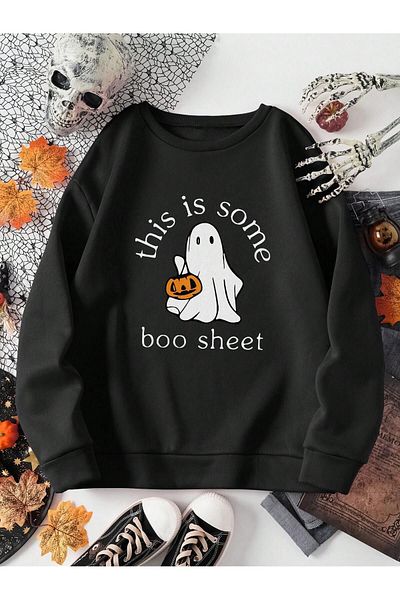 Mythologie Черен суитшърт с принт Oversize Boo Sheet - Обло деколте
