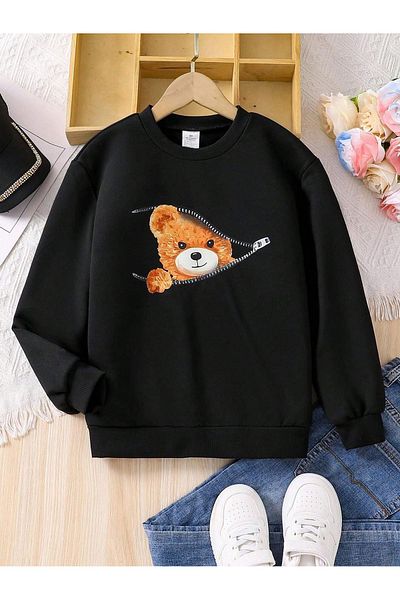 aynewmoda черен оувърсайз суитшърт с щампа на плюшено мече