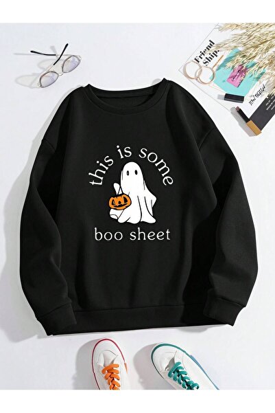 Mythologie Black Printed Oversize Boo Sheet Sweatshirt - Crew Neck
