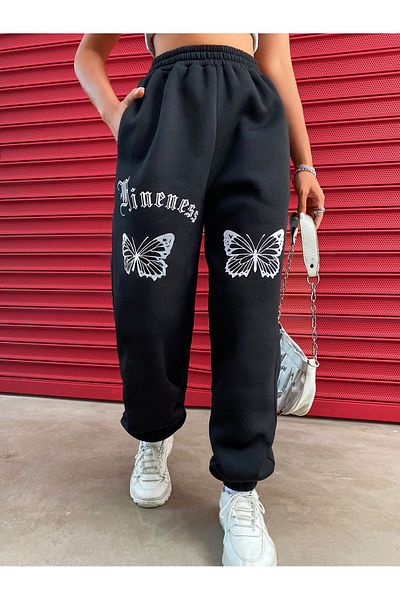 Mythologie Ψηλόμεσο ελαστικό πόδι Fineness Butterfly Jogger Sweatpants - Μαύρο εμπριμέ χειμώνα