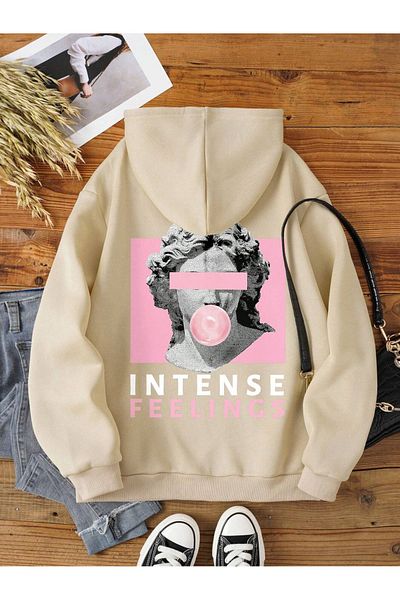 aynewmoda Pink Intense Feelings Printed Ecru Oversize Hooded Sweatshirt