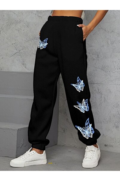 Trendglow Ψηλόμεσο Winter Jogger Sweatpants - Μαύρο σχέδιο πεταλούδας, ελαστικό πόδι