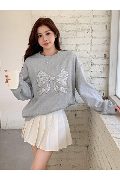 Mythologie Gray Oversize Ribbon Sweatshirt - Crew Neck Bike Embroidered