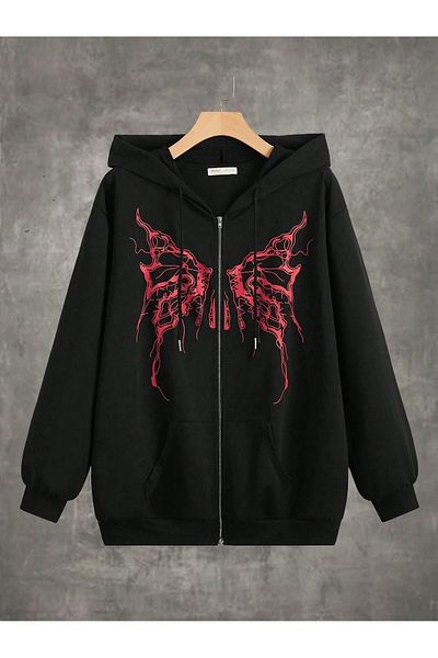 Mythologie Y2k Butterfly K Thick Cardigan - Μαύρη εμπριμέ καλοκαιρινή ζακέτα με φερμουάρ και τσέπη με κουκούλα