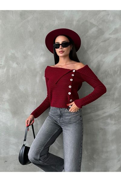 Molly Nelly Women's Shoulder Low-Cut Boat Neck Side Buttoned Knitwear Cardigan