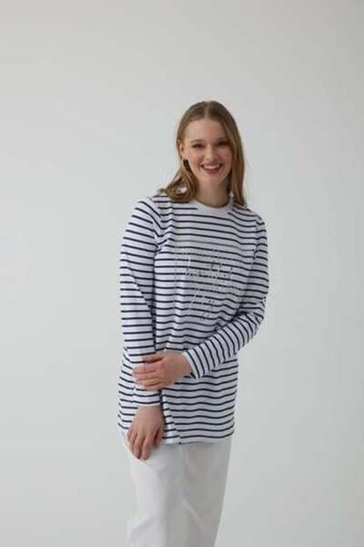 Moodbasic Striped Stone Printed Cotton Tunic - Navy Blue