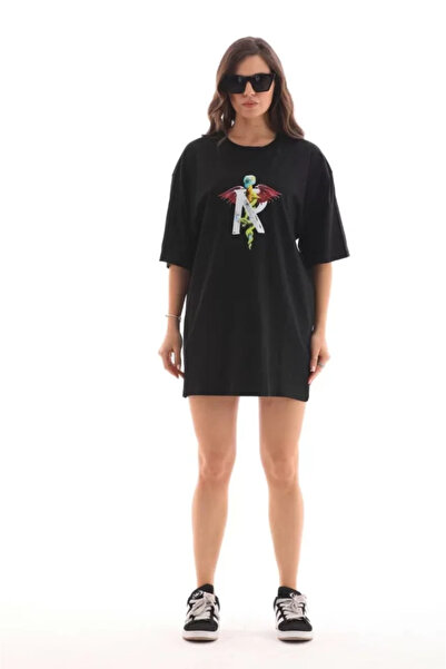 Femella Women Fashion Tricou oversize cu imprimeu unisex cu guler rotund - negru