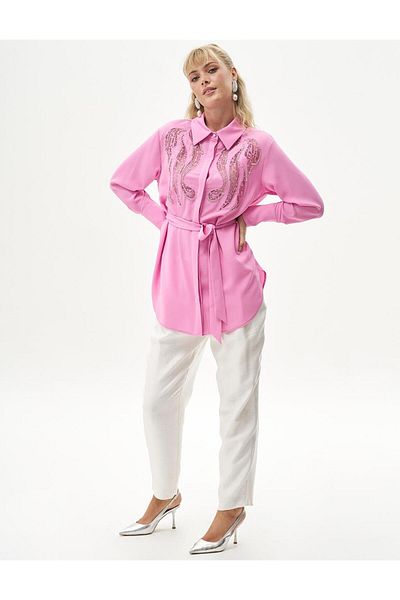 Kayra Candy Pink Embroidered Tunic with Wide Cuffs