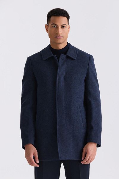 Jakamen Μάλλινο παλτό Navy Blue Classic Fit με γιακά Berber με μοτίβο