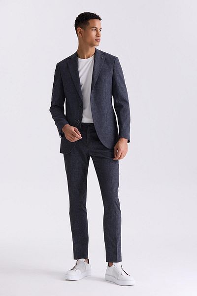 Jakamen Dark Navy Slim Fit Mono Collar Linen Suit