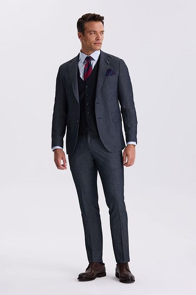 Jakamen Navy Blue Slim Fit Mono Collar Vest Double Slit Suit