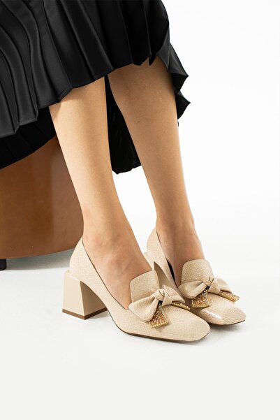 PARİS Pantofi cu toc de damă cu model laser bej deschis