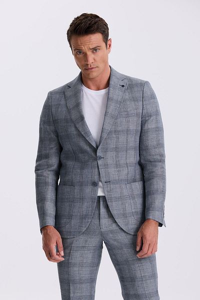 Jakamen Navy Blue Slim Fit Mono Collar Checked 100% Linen Suit with Bag Pocket