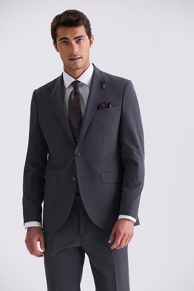 Jakamen Anthracite Slim Fit Mono Collar Vest Suit