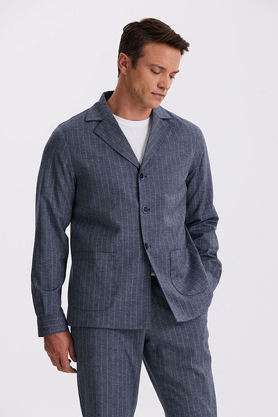 Jakamen Navy Blue Slim Fit Apache Collar Linen Blended Double Slit Striped Suit