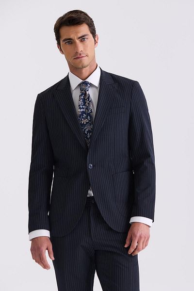 Jakamen Navy Blue Slim Fit Pointed Collar Strech Striped Jogger Suit