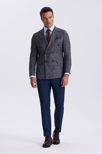 Jakamen Dark Navy Slim Fit Swallow Collar Checked Combination Double Breasted Suit